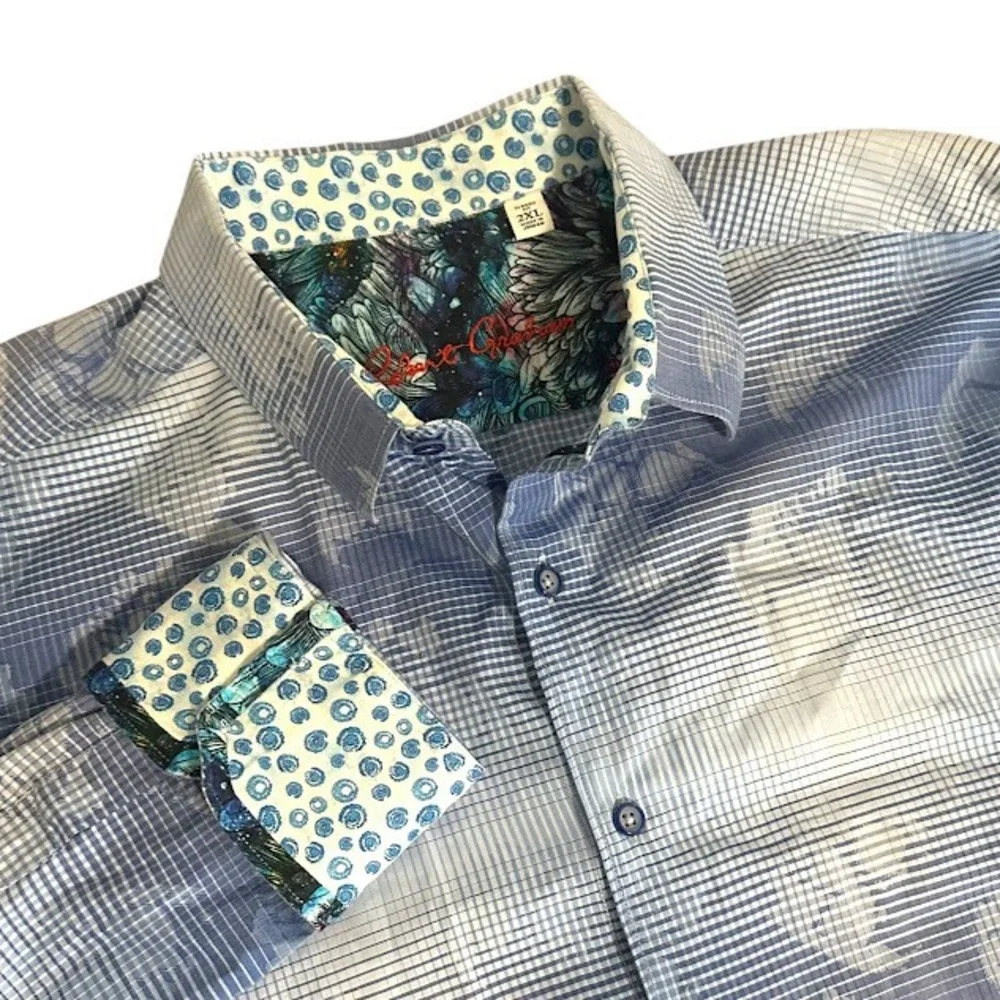 Robert Graham Blue Check‎ Abstract Pattern Flip Cuff Dress Shirt Classic Fit 2XL